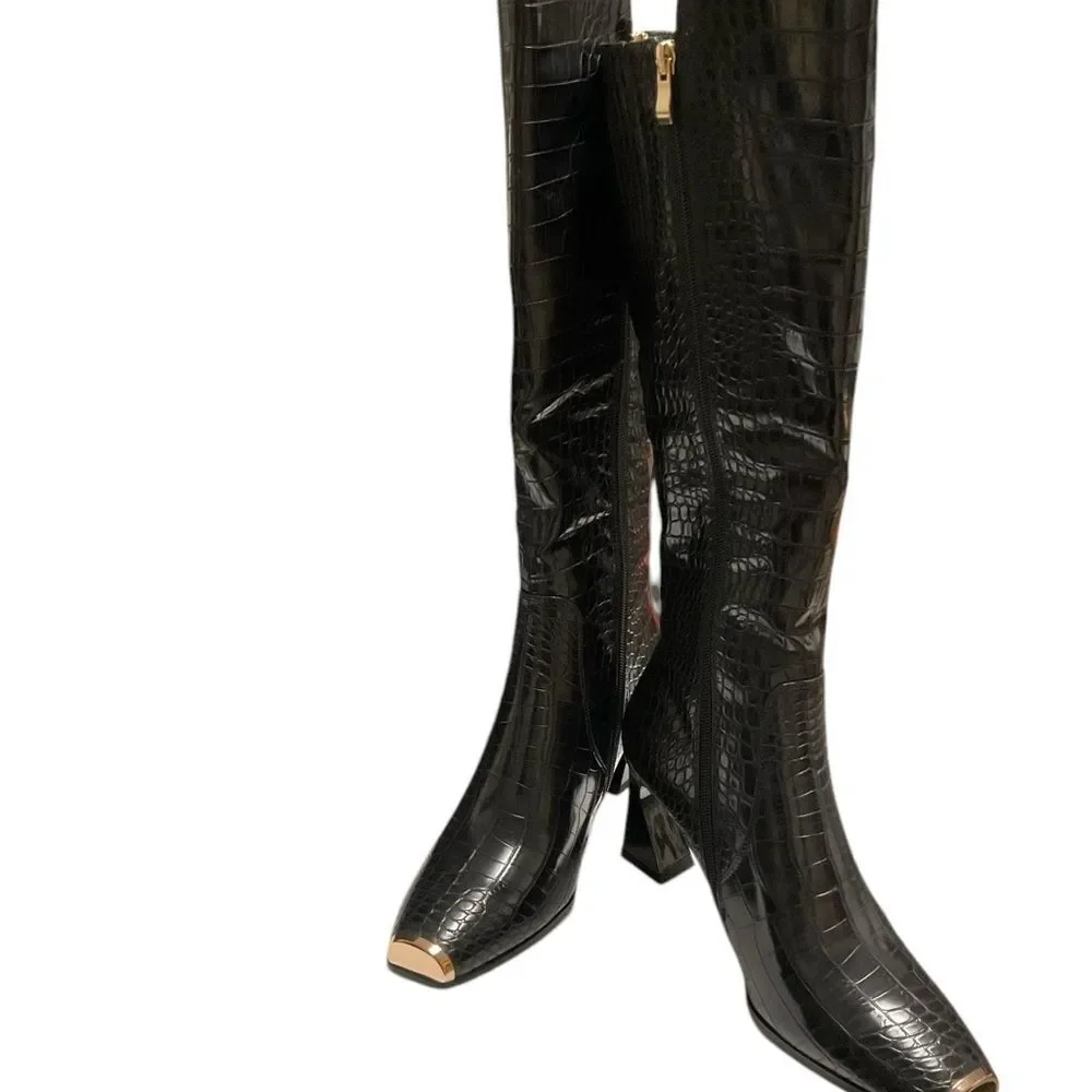 Ninety Nine Black Over the Knee Boots with Textured Finish
